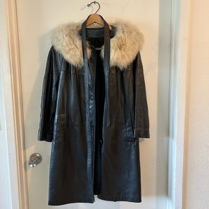 Vintage genuine leather Fox fur coat with leather belt